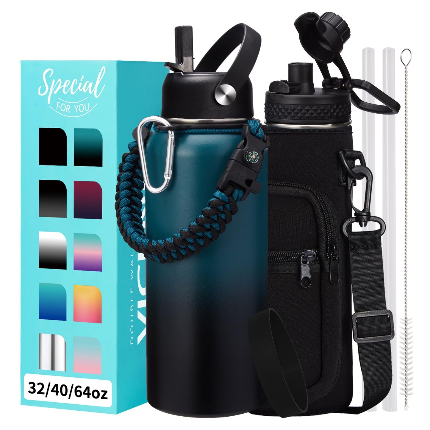 32 oz Insulated Water Bottles - with Straw & Flip Auto Lid, Stainless Steel Water Bottle Shoulder Carrier Bag, Silicone Boot, BPA-Free Metal Water Bottle with Handle Paracord, Sport Gym Mug Flask