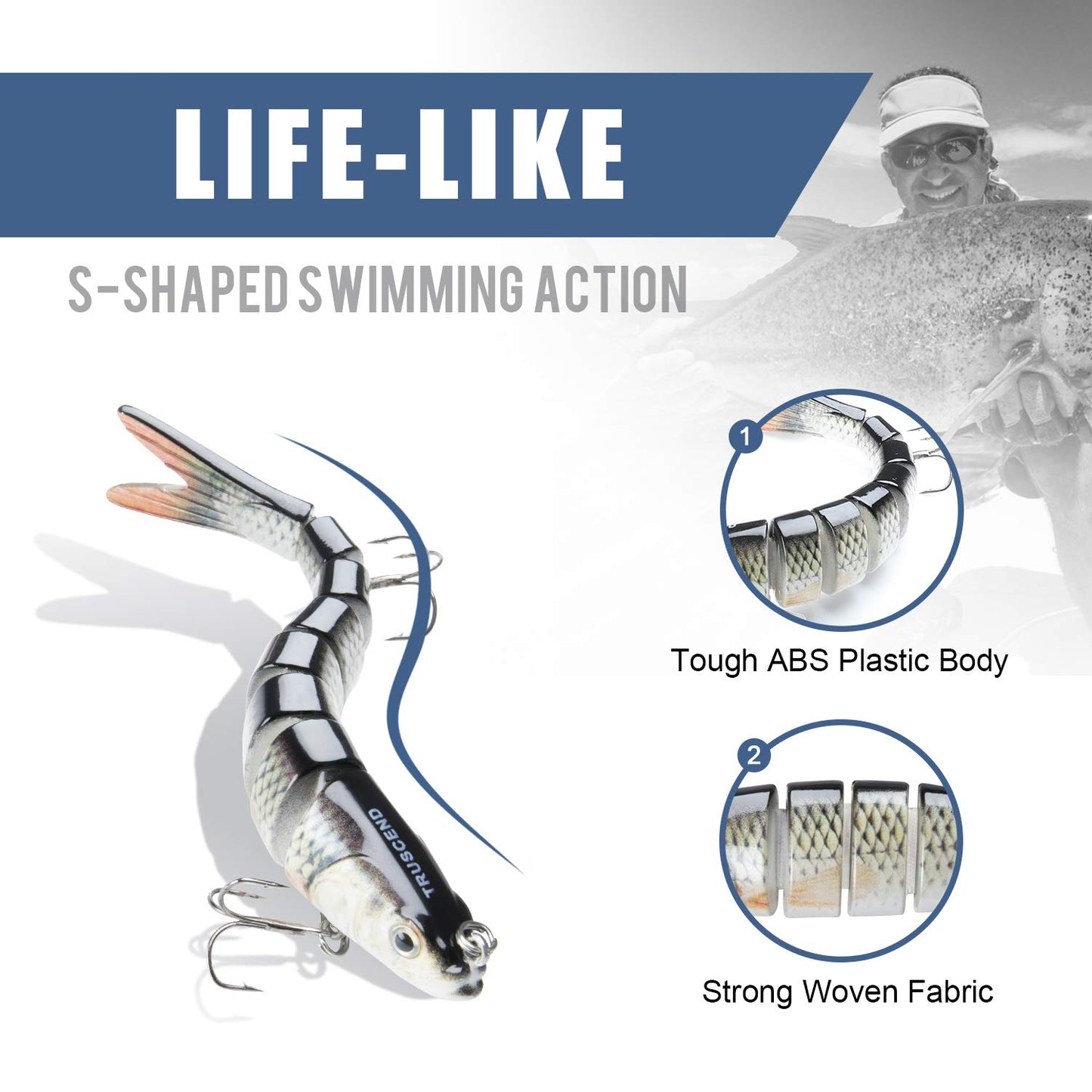 TRUSCEND Swimmax Easy Catch Fishing Lures with BKK Hooks, Wiggling, Vibrating, Rattling and Gurgling for More Bite, Heavy-Duty Dyneema Fiber Jointed Swimbaits for Bass, Trout, Walleye, Crappie, Pike