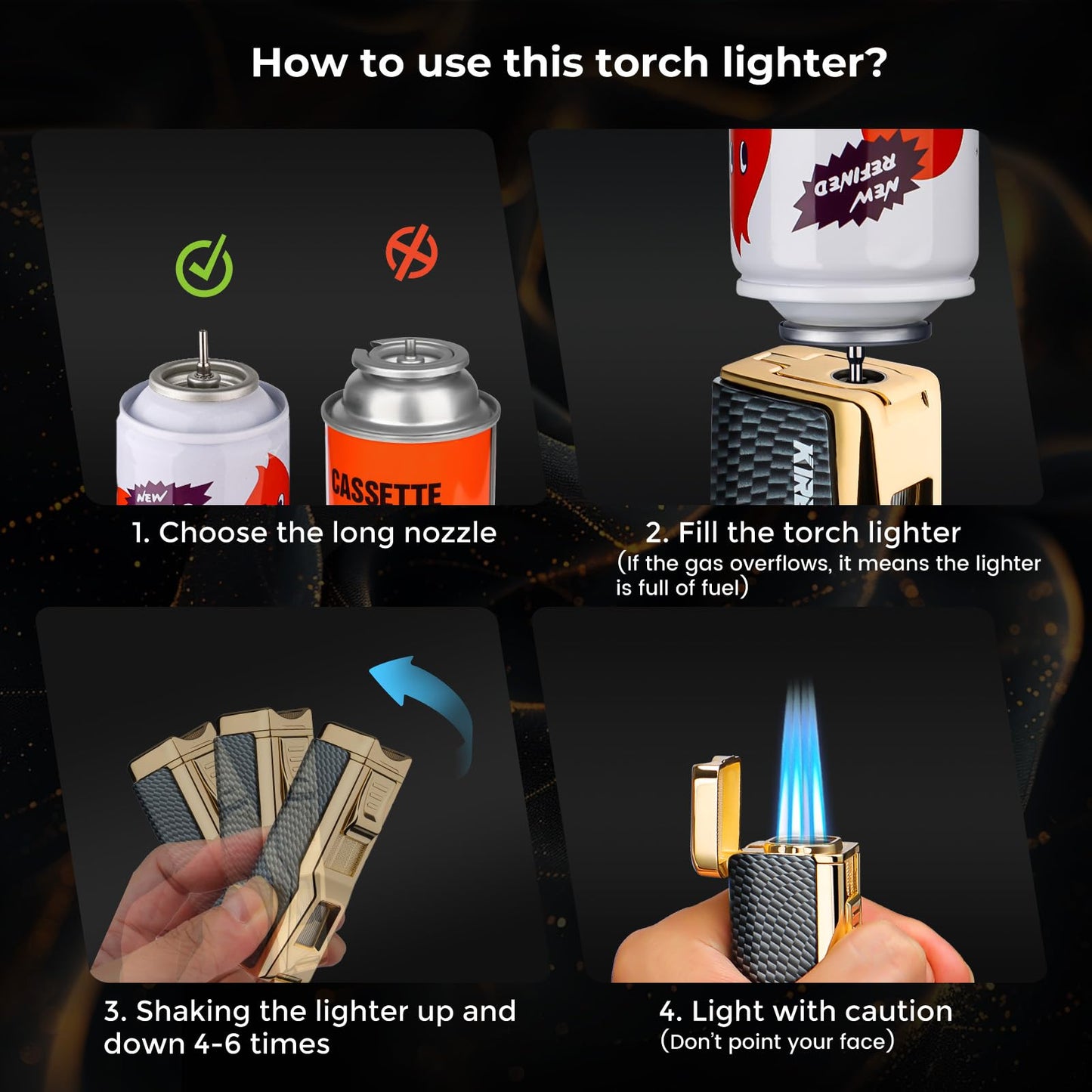 Kirenp Butane Torch Lighter and Cutter Set, with Quad Jet Flames (without Butane Fuel (Lighter & V Cutter Set), Carbon Fiber Gold