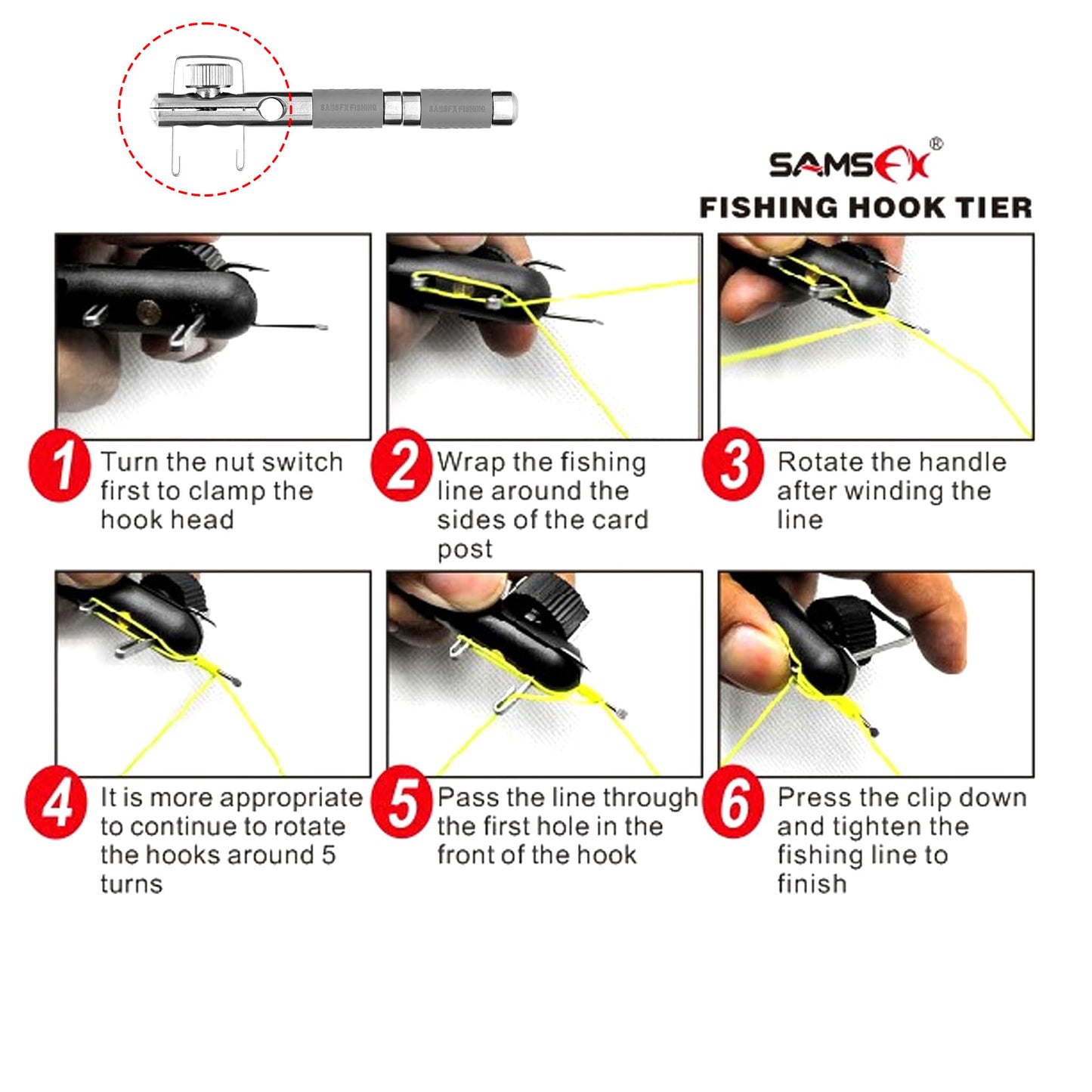 SAMSFX Fishing Stainless Steel Hook Tier, Knot Tying Tool, Loop Tyer, Hook Remover and Zinger Retractors Combo (Hook Tier with Black Grip)