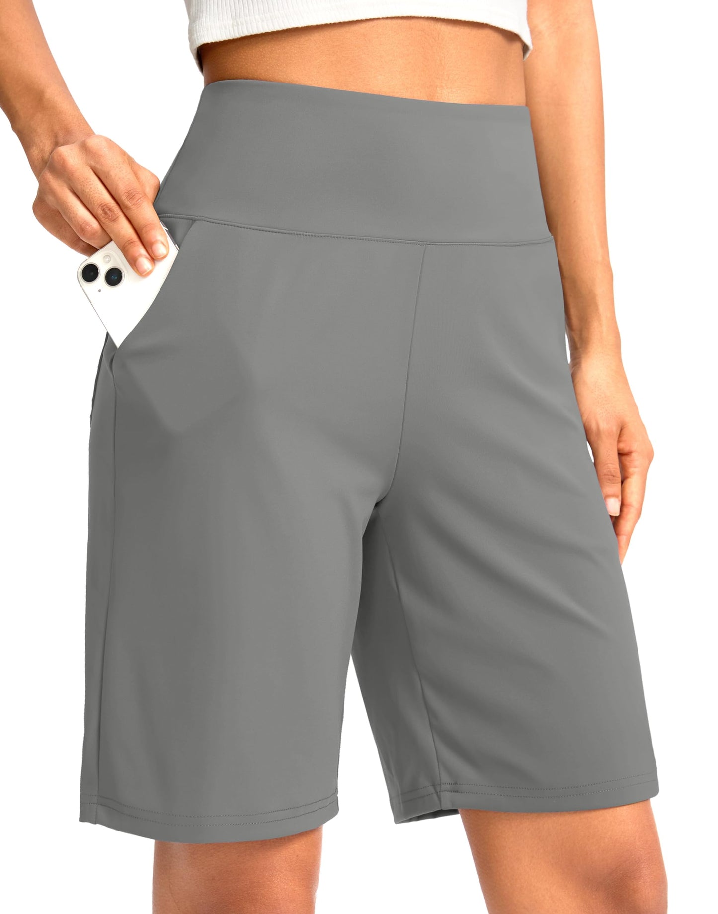 G Gradual Women's Bermuda Long Shorts with Pockets 9" High Waisted Knee Length Shorts for Women Walking Athletic Workout(Light Grey,M)