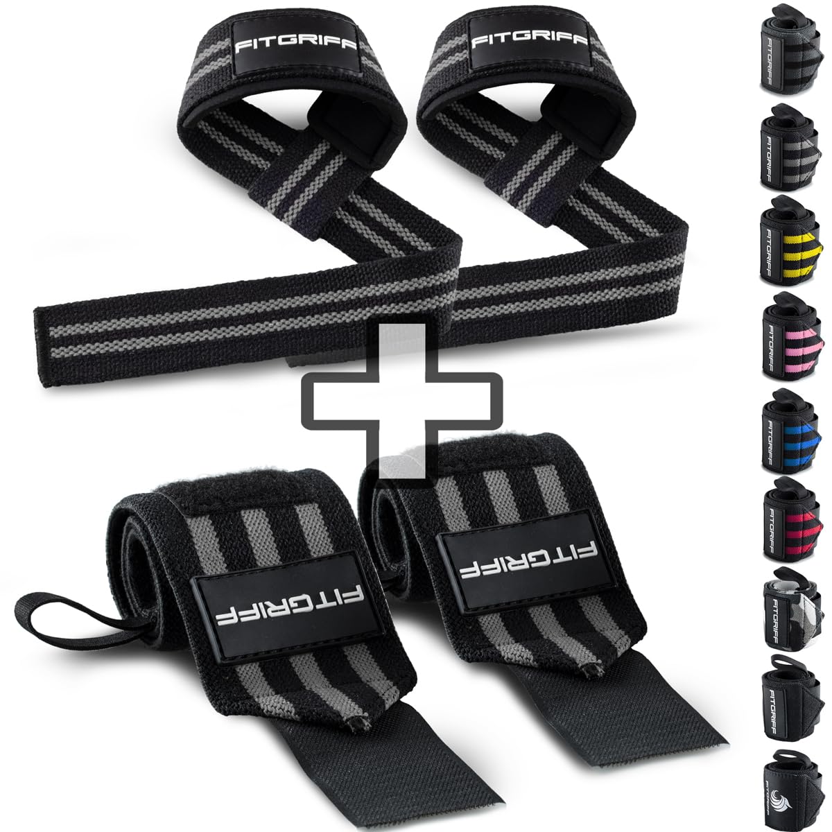 Fitgriff® Lifting Straps & Wrist Wraps (Bundle) Superior Support for Weightlifting & Gym Workouts - for Men and Women (Black/Grey)