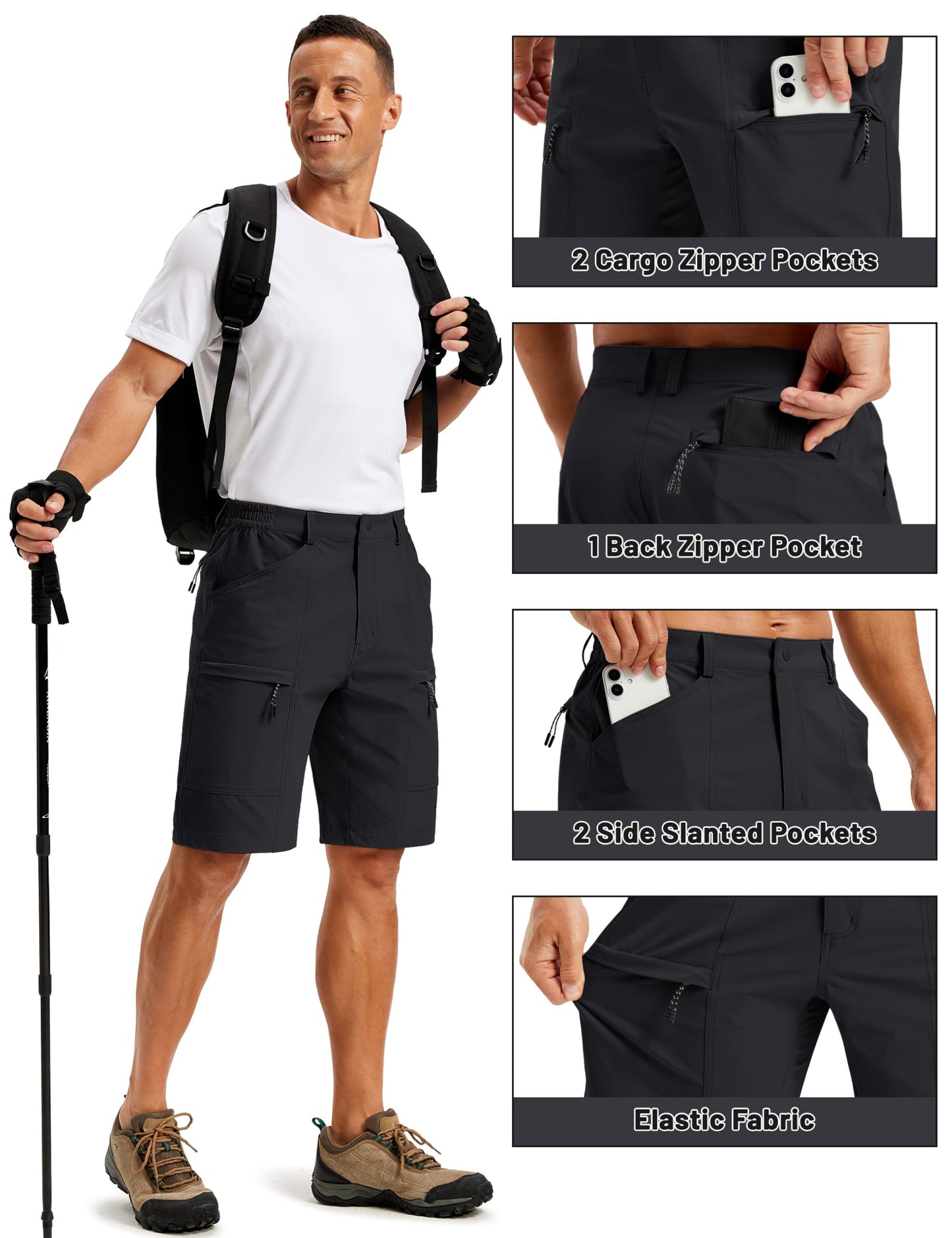 TACVASEN Men's Hiking Cargo Shorts Quick Dry Lightweight Shorts with Zipper Pockets for Casual Golf Travel Work Black 32