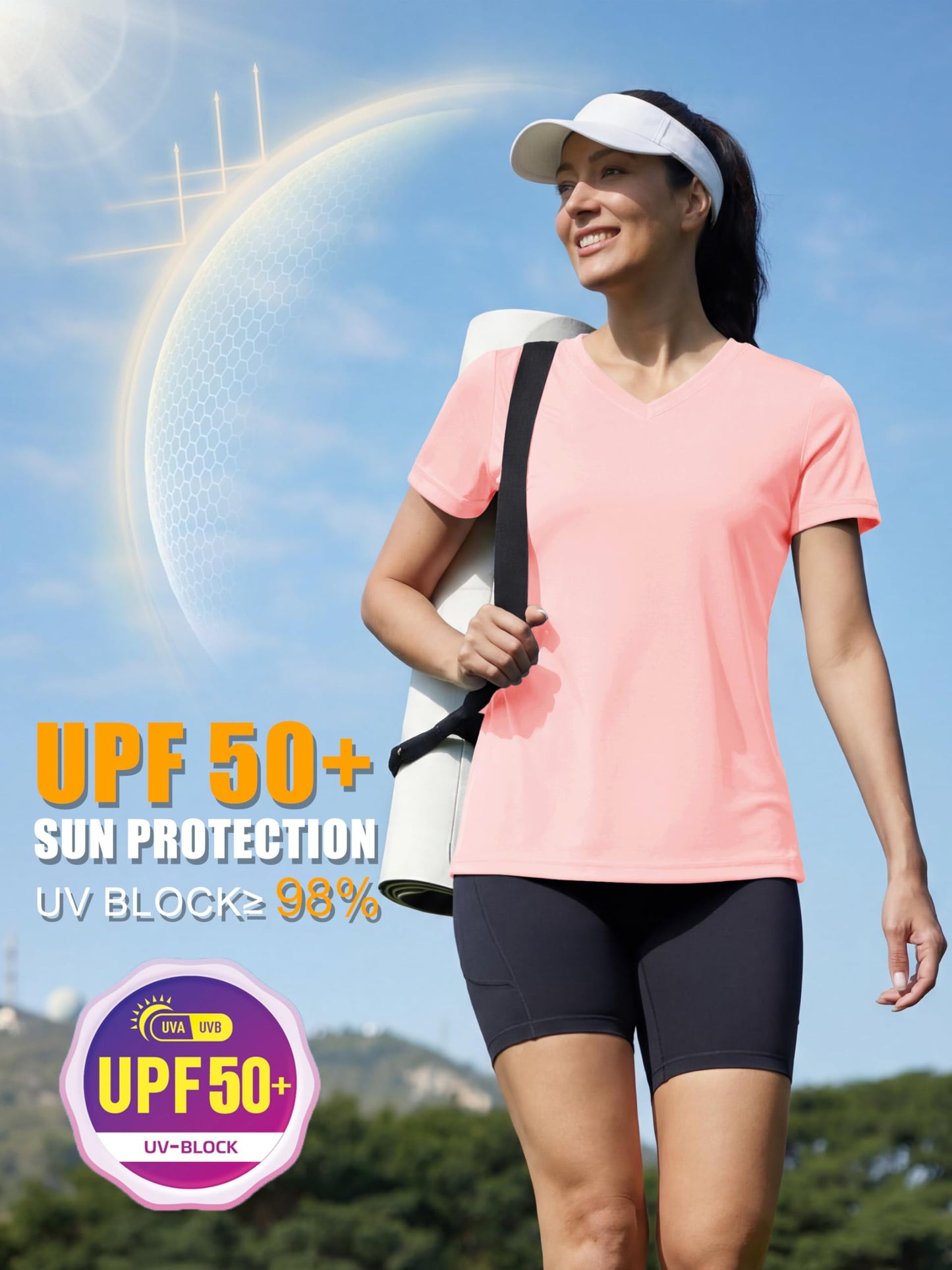 MAGCOMSEN Womens Short Sleeve Tops V Neck Workout Running Shirts Quick Dry Sun Protection UV Shirt Cooling Light Pink XL