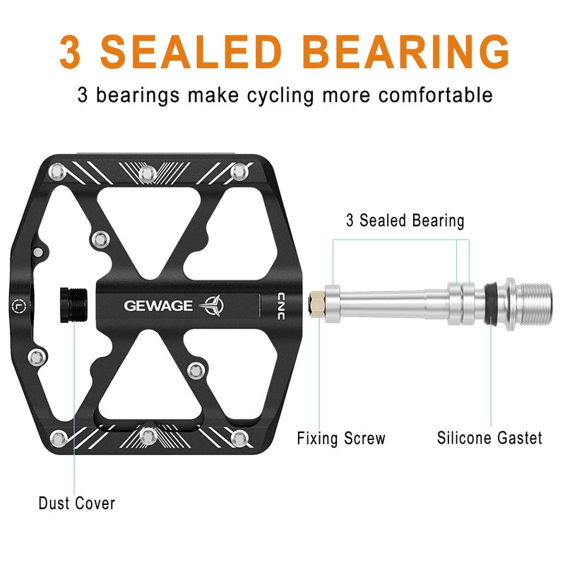Bike Pedals 9/16 Inch - Bicycle Pedals with Reflectors - 3 Sealed Bearings MTB Pedals Wide Platform Pedals for Mountain Bike, BMX, Road Bike Pedals (Black)