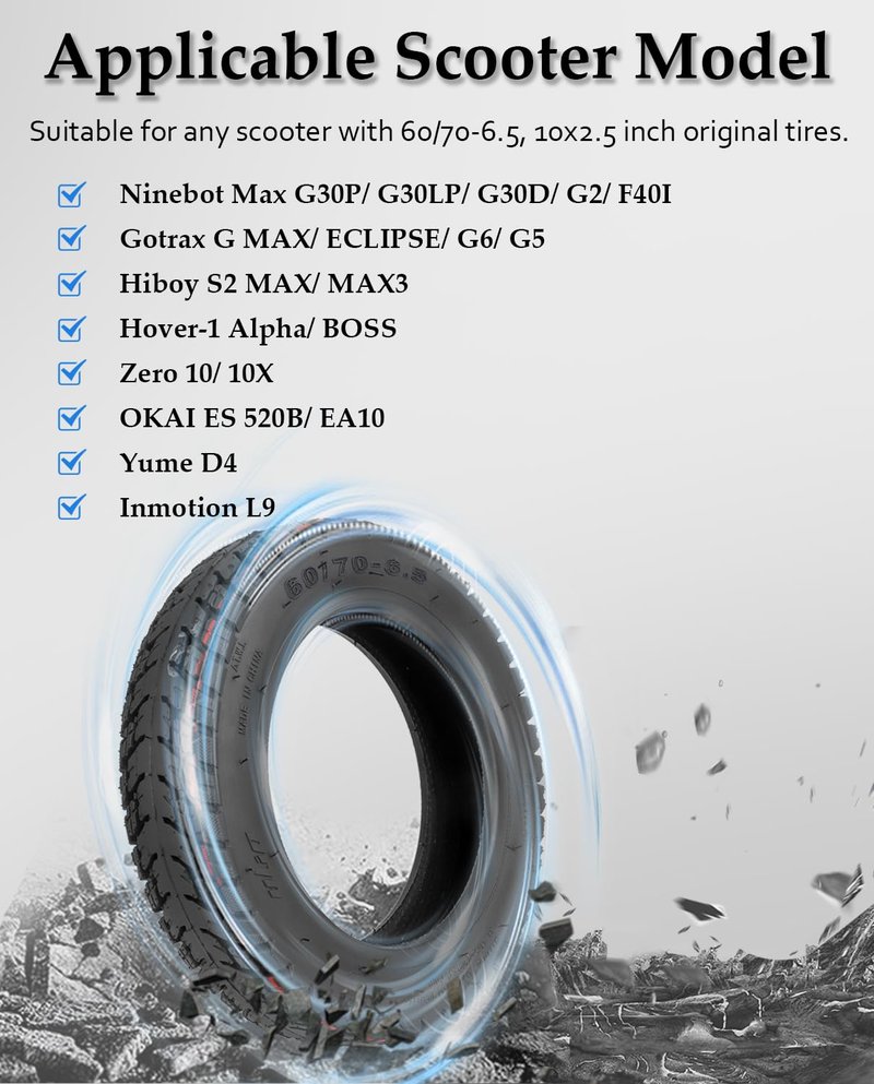 Felixstory 60/70-6.5 Off Road Vacuum Tire, Fit for Ninebot Max G30P G30LP G2 G30D F40I VOLPAM SP01 Hiboy S2 MAX, 10x2.5 Tubeless Tire, Inner diameter 16cm Fit for 6.5" rim, Abrasion Puncture Resistant