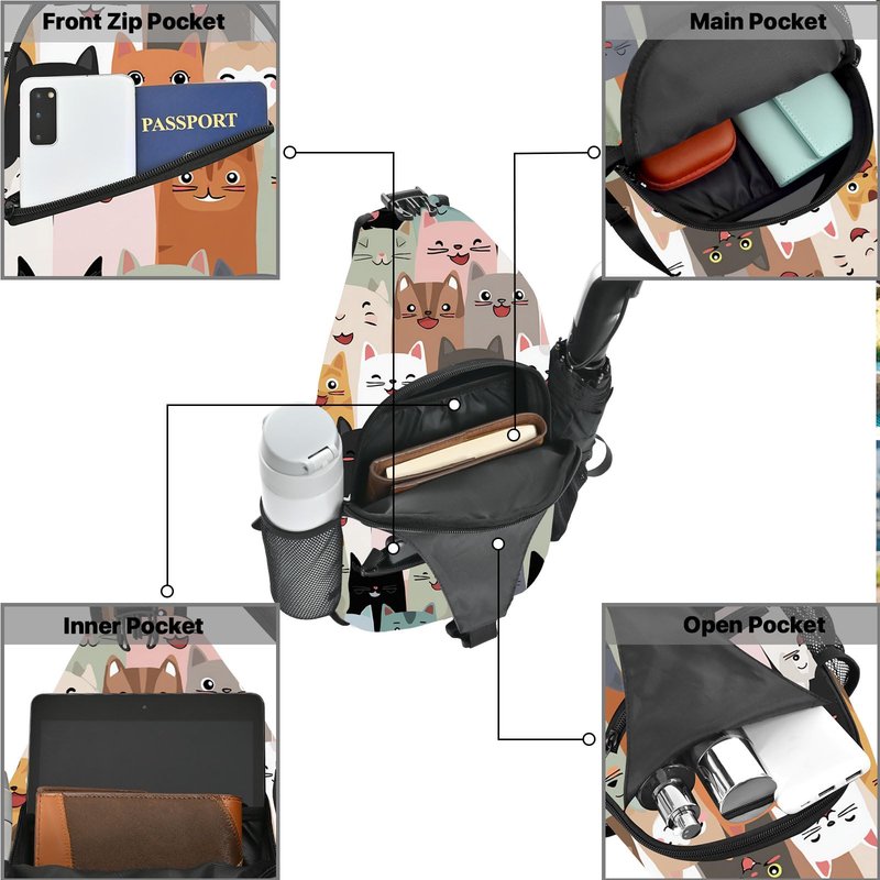 FyLybois Cat Sling Bag for Women Crossbody Backpack Lightweight Chest Daypack Fashion Shoulder Bags for Travel Hiking Biking
