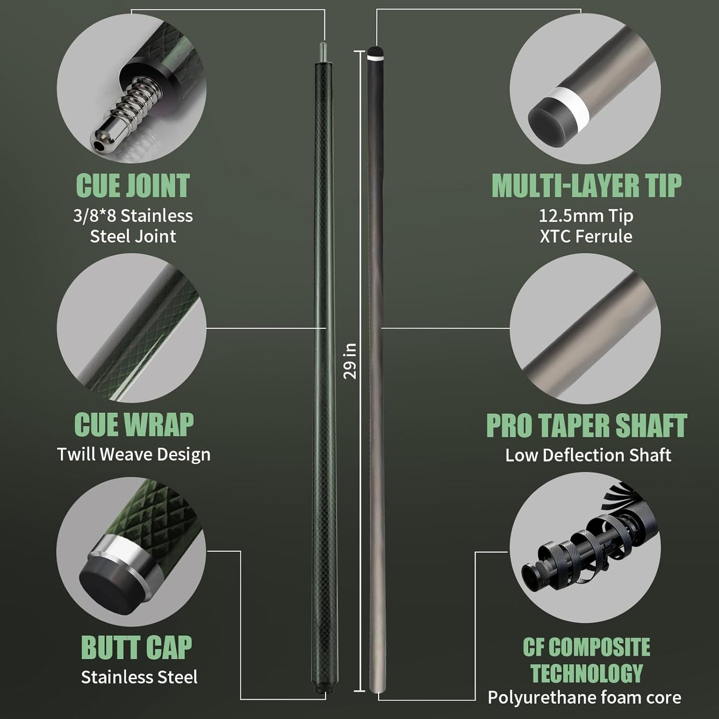 Carbon Fiber Pool Cue Stick - Low Deflection Billiard Cue with Premium Shaft & Wrapless Grip | 3/8-8 Joint