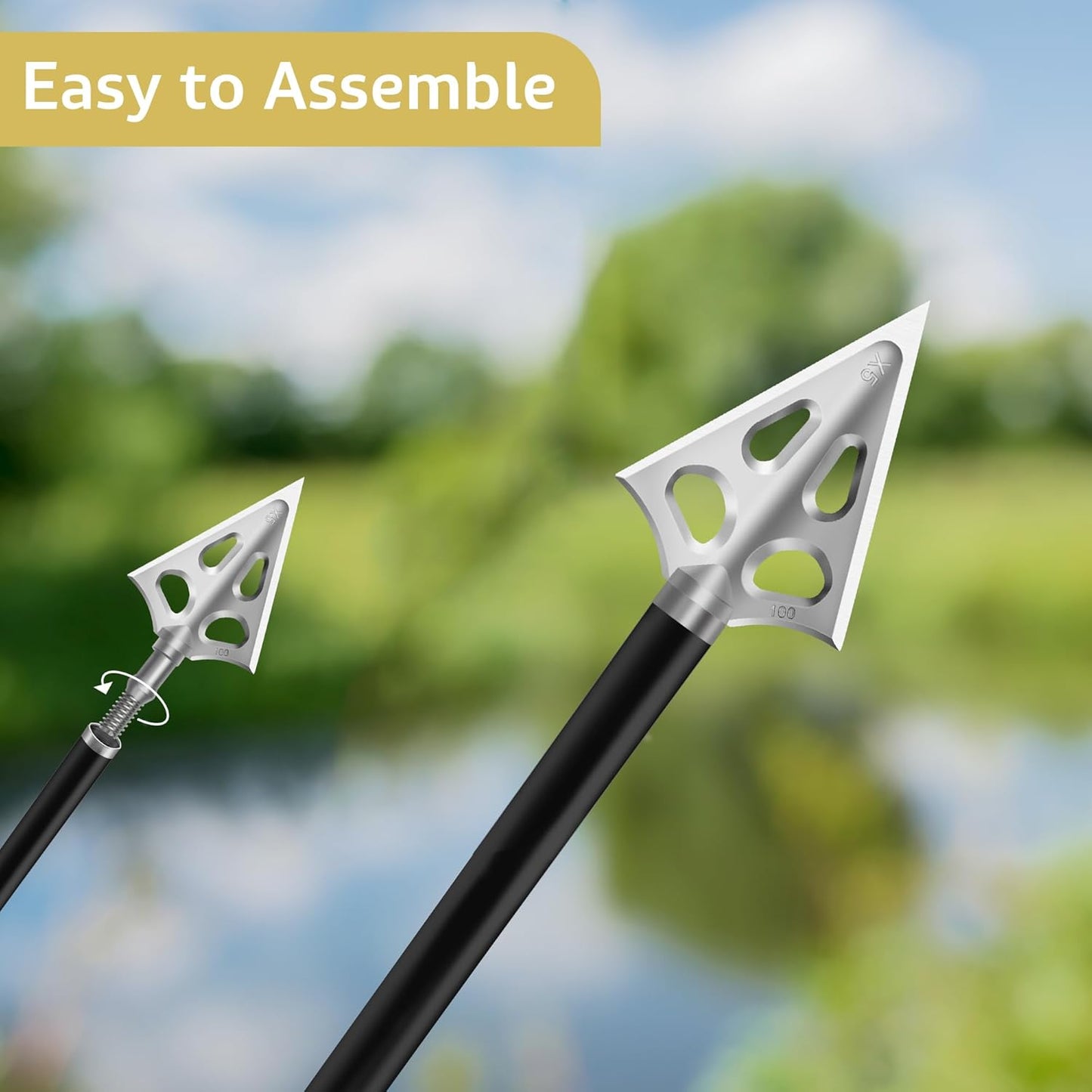 Hunting Broadheads - 3 Fixed Blade 100 Grain Screw-In Archery Tips | Compatible with Crossbows & Bows