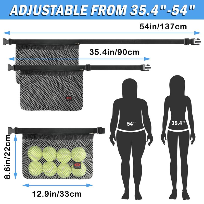 NVAAV 2 Pack Tennis Ball Band Holder, Pickleball Waist Pouch Bag with Adjustable Belt, Mesh Waist Hip Ball Bag Storage Pouch Carrier, Fanny Pack Holding 8-10 Balls for Tennis, Pickleball, Golf