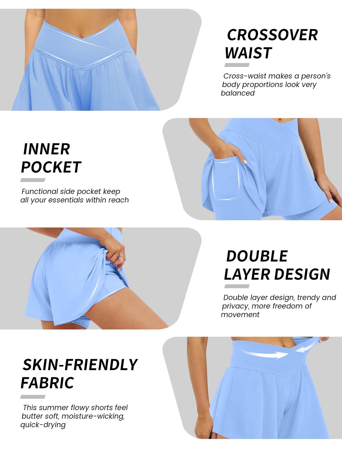 FireSwan Crossover Athletic Shorts for Women 2 in 1 Flowy Running Shorts with Pockets Spandex Butterfly Workout Tennis Skorts Baby Blue