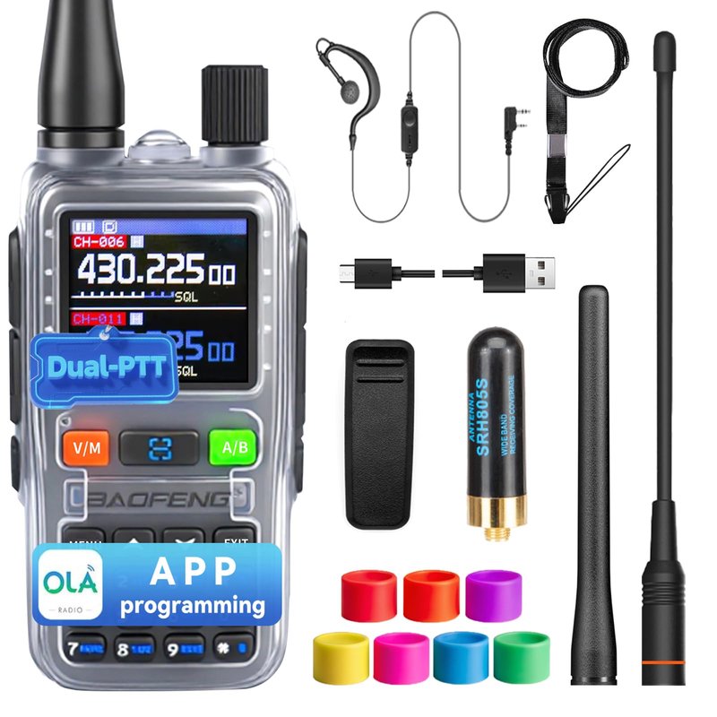 BAOFENG UV5RMINI Two Way Radio NOAA Weather Radio Dual PTT 999CH Survival APP Programming Copy Frequency Ham Radio (Hyaline)