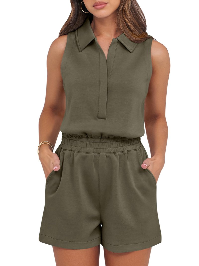 ANRABESS Romper for Womens 2025 Summer Dressy Casual Sleeveless V Neck One Piece Short Jumpsuit Lounge Travel Outfits Clothes Army Green Medium