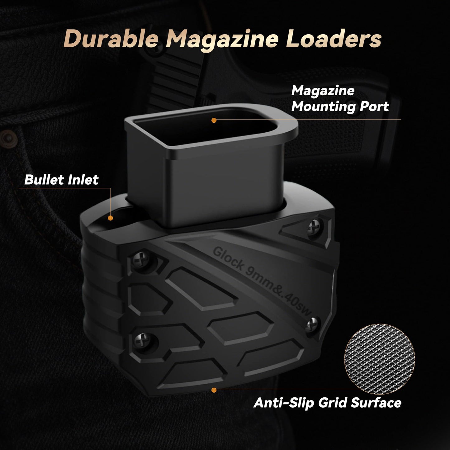 HiSnug Magazine Speed Loader for Glock 9mm/.40sw, ABS Plastic Rapid Loader Fits Glock 17,18,19,22,23,24,26,27,34,35,45 and 47, Syable Fast & Easy Reloading Simplifies Magazine Loading, Black, 1pc