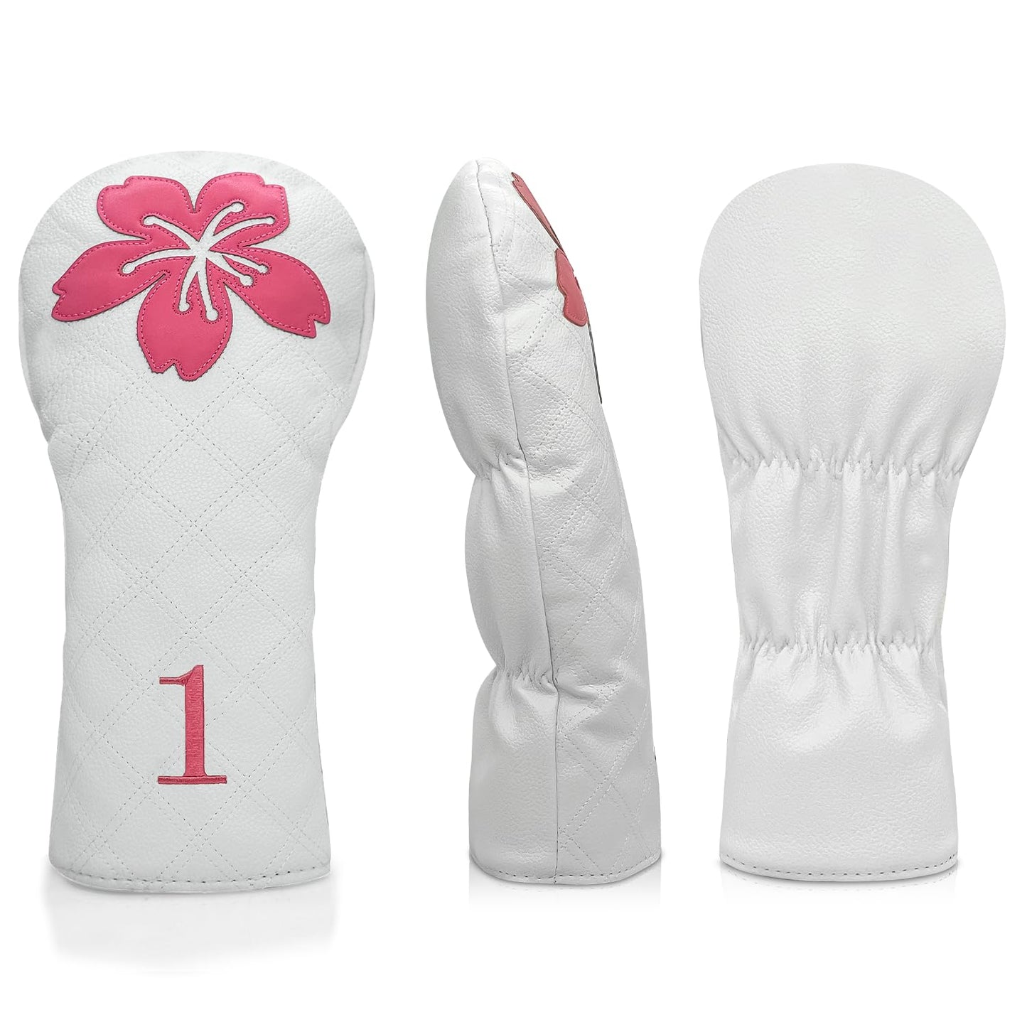 Grid Cherry Blossom Design Golf Covers PU Headcovers Set Fits Driver Fairway Wood Hybrid Utility Woods Iron Wedge Headcover, Premium Leather Golf Headcovers