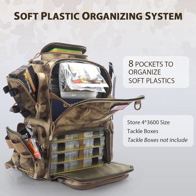 Fishing Tackle Backpack - Waterproof 45L Gear Bag with Rod Holders | Large Sahara Khaki Camo