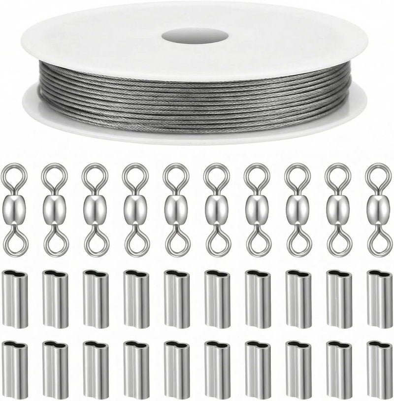 Stainless Steel Fishing Leader Wire - 26 ft 1.0mm 130lb with 60 Swivels & 140 Crimp Sleeves | Freshwater & Saltwater Gear