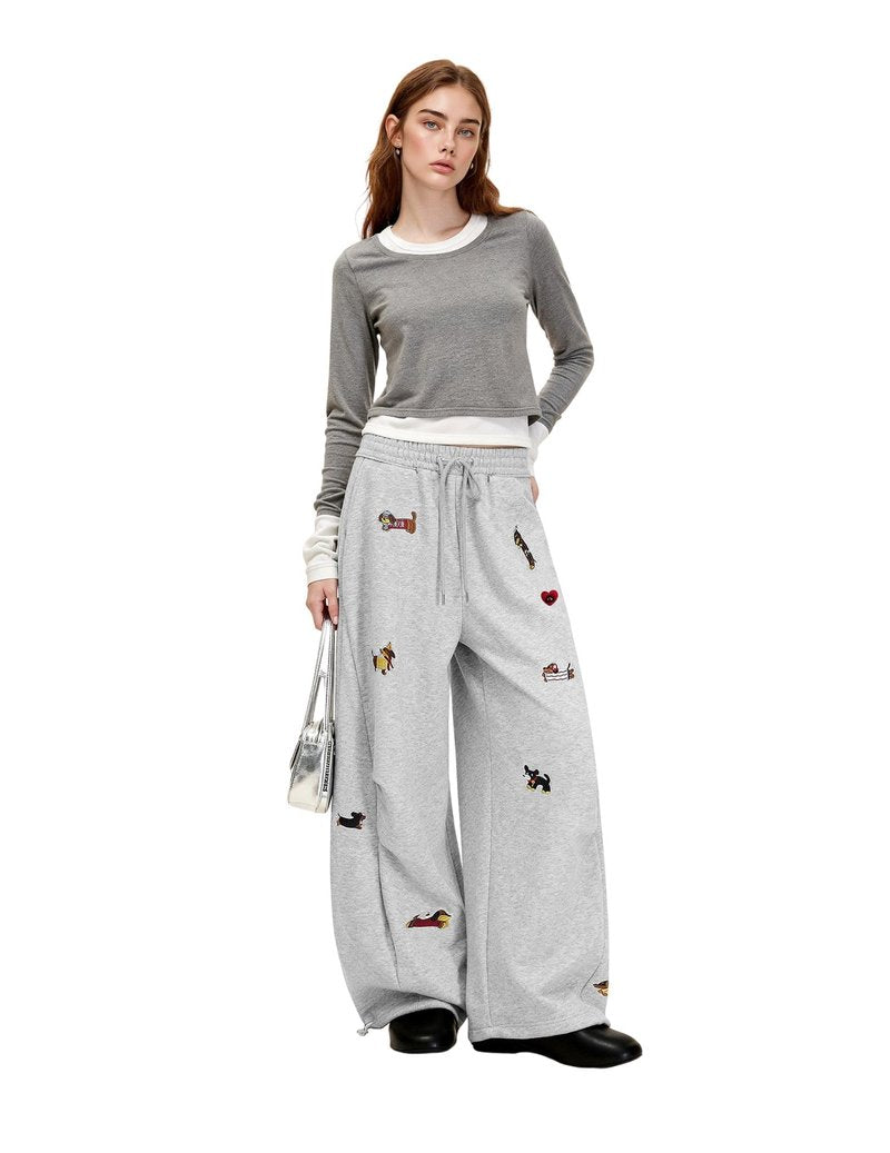 Aelfric Eden Embroidery Puppy Baggy Barrel Sweatpants Casual Y2K Elastic Drawstring Unisex Wide Leg Pants Lantern Trouser Grey S