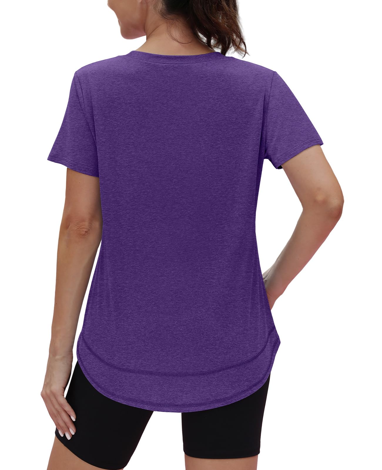 Short Sleeve Shirts for Women Workout Yoga Tops Sun Protection Clothing Summer Outfits Rash Guard Side Slit Purple XL