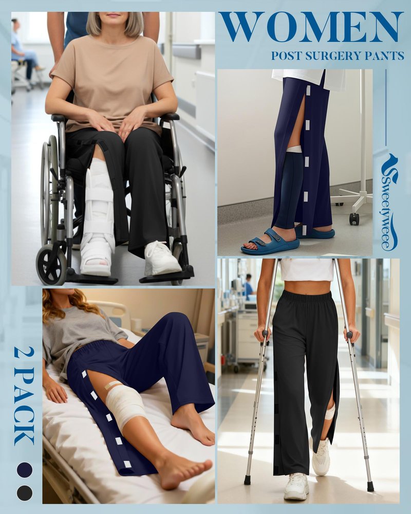 Sweetyweee 2 Pack Women's Tear Away Pants Side Full Open Post Surgery Sweatpants Breakaway Adaptive Casual Pants with Pockets(Navy Blue, Black,Medium)
