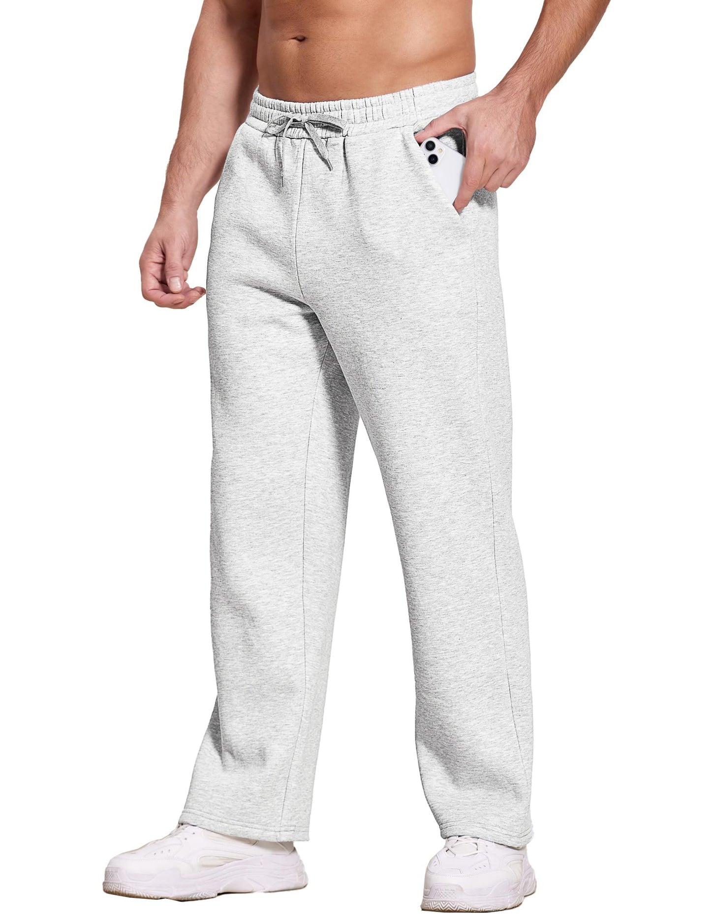 Deyeek Men's Fleece Lined Sweatpants Open Bottom Loose Grey Sweat Pants for Mens Baggy Thick Cotton Lounge Pants with Pockets
