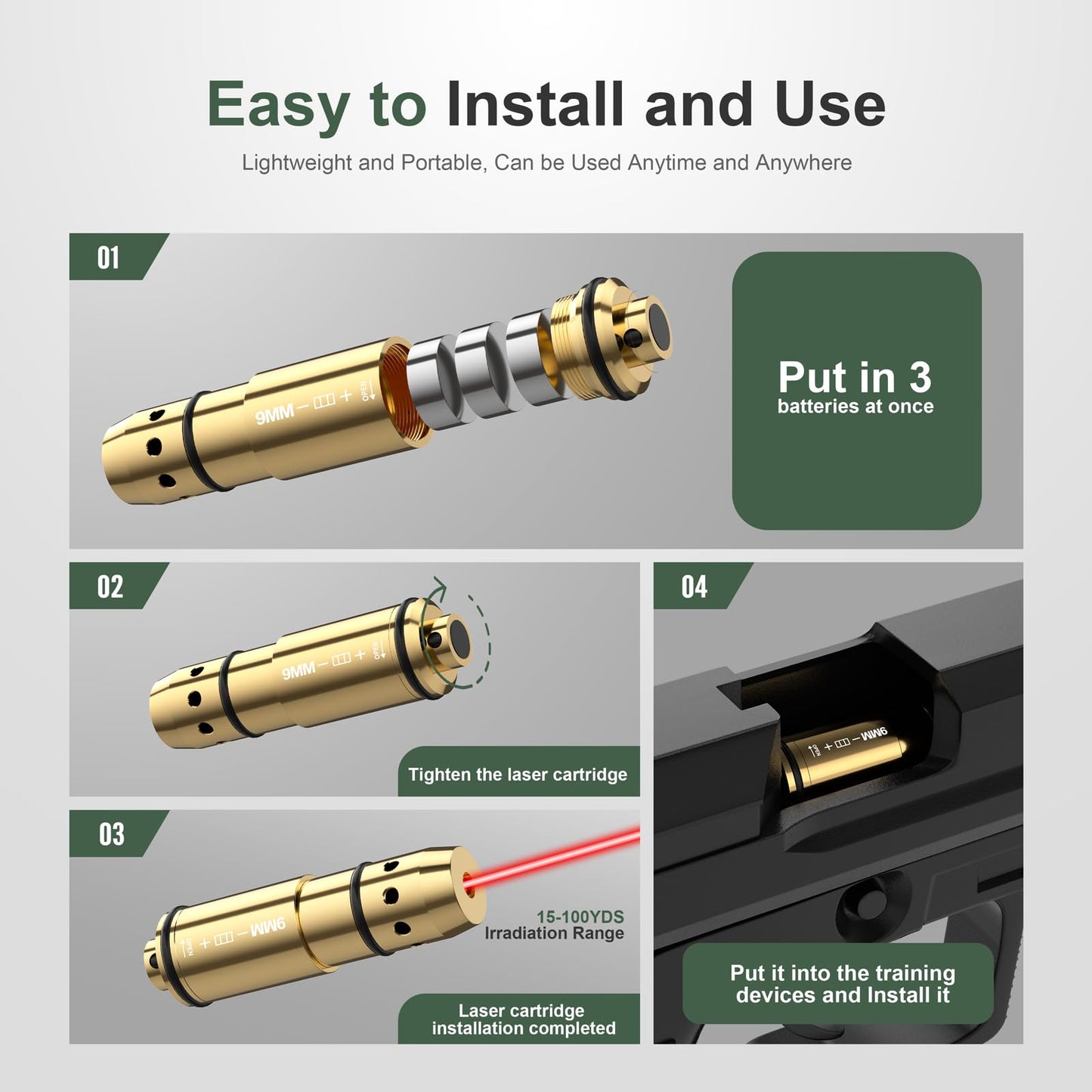9mm Laser Training Cartridge Dry Fire Laser Training System for Dry Fire Practice and Shooting with 3 Set Batteries and Extra Rubber Snap Cap (9mm Cartridge)