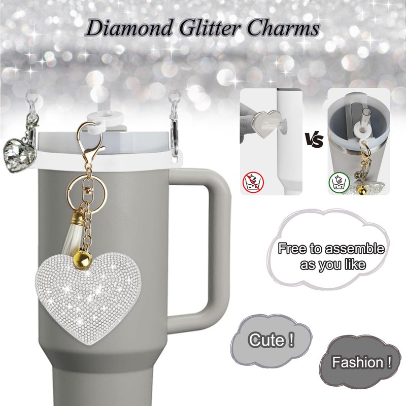 VirgoCCY 6PCS Diamond Glitter Stanley Cup Accessories Set 30&40 Oz, Includes 1 Diamond Silicone Boot, 1 Handle Strap, 1 Straw Covers,1 Straw Adapters Charm Blank with 2 Glitter Charms, Silver