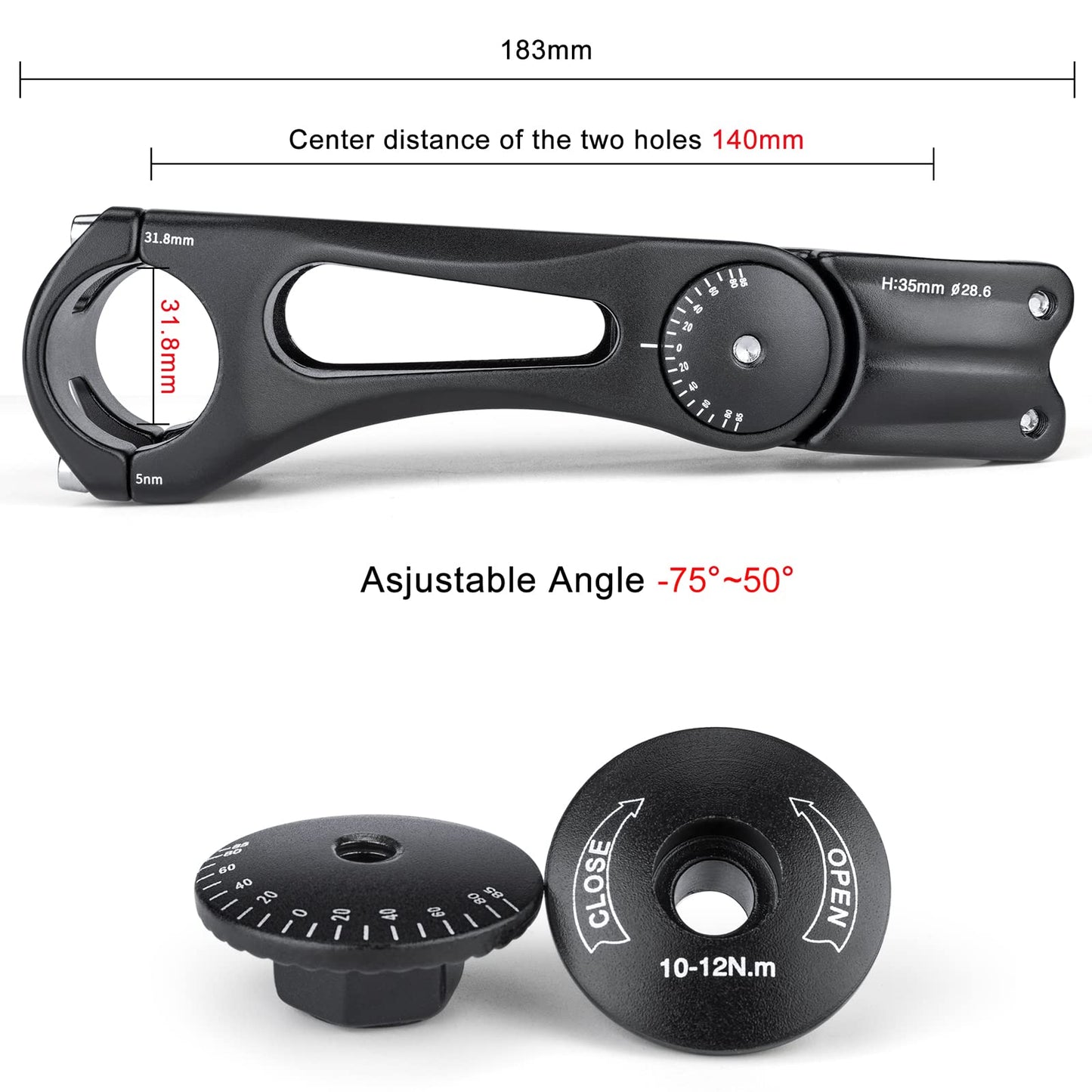 GEWAGE Bike Bicycle Stem - -65 ~ +45 Degree Adjustable Bike Stem- 140mm Bike Stem Riser for 31.8(1-1/4") Handlebars- Aluminum Alloy Mountain Bike Handlebar Riser Extender for Mountain Road City Bike