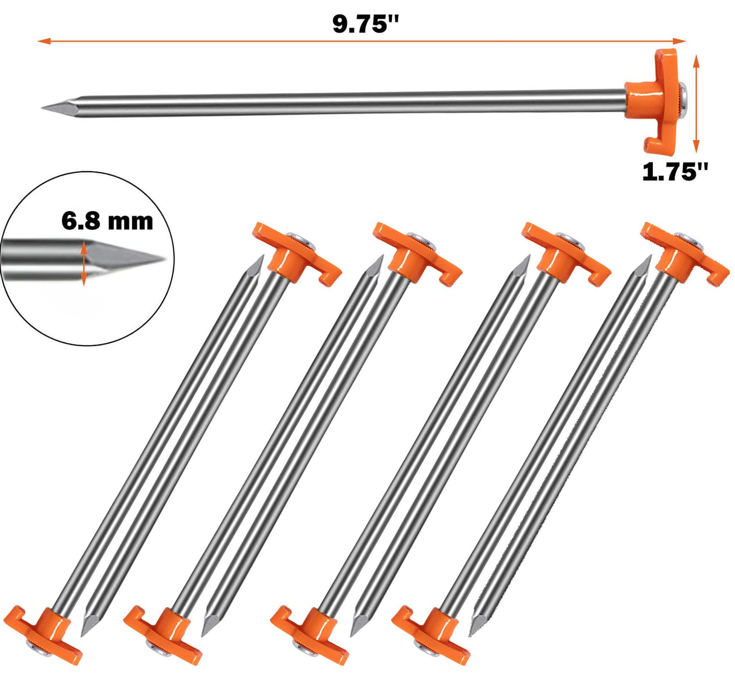 Cheardia 10 Pack Tent Stakes Heavy Duty, 10.25 Inch Yard Stakes Non-Rust Metal Tent Pegs Ground Stakes Tent Spikes for Decorations Camping Patio, Garden, Canopies, Grassland, Outdoor, Orange