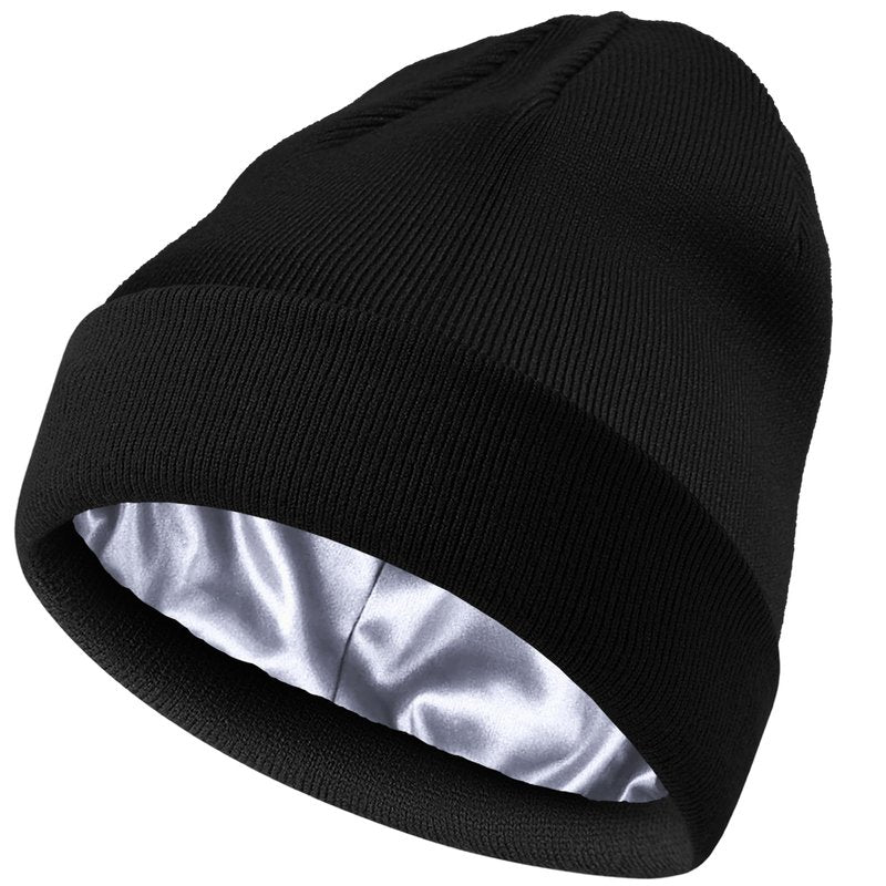 Satin Lined Beanie Hat for Women Men, Wool Knit Cuffed Silk Lining Fisherman Beanies Slouchy Warm Winter Hats Skull Cap Unisex, Black