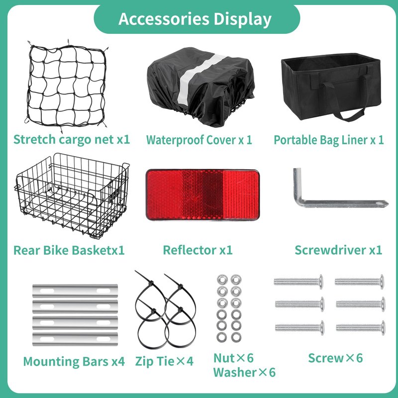 Rear Bike Basket, Heavy Duty Bike Basket with Foldable Design, 4mm Steel Frame, Waterproof Liner Bag & Cargo Net, Bike Basket for Groceries and Commuting, Fits Most Rear Bike Racks