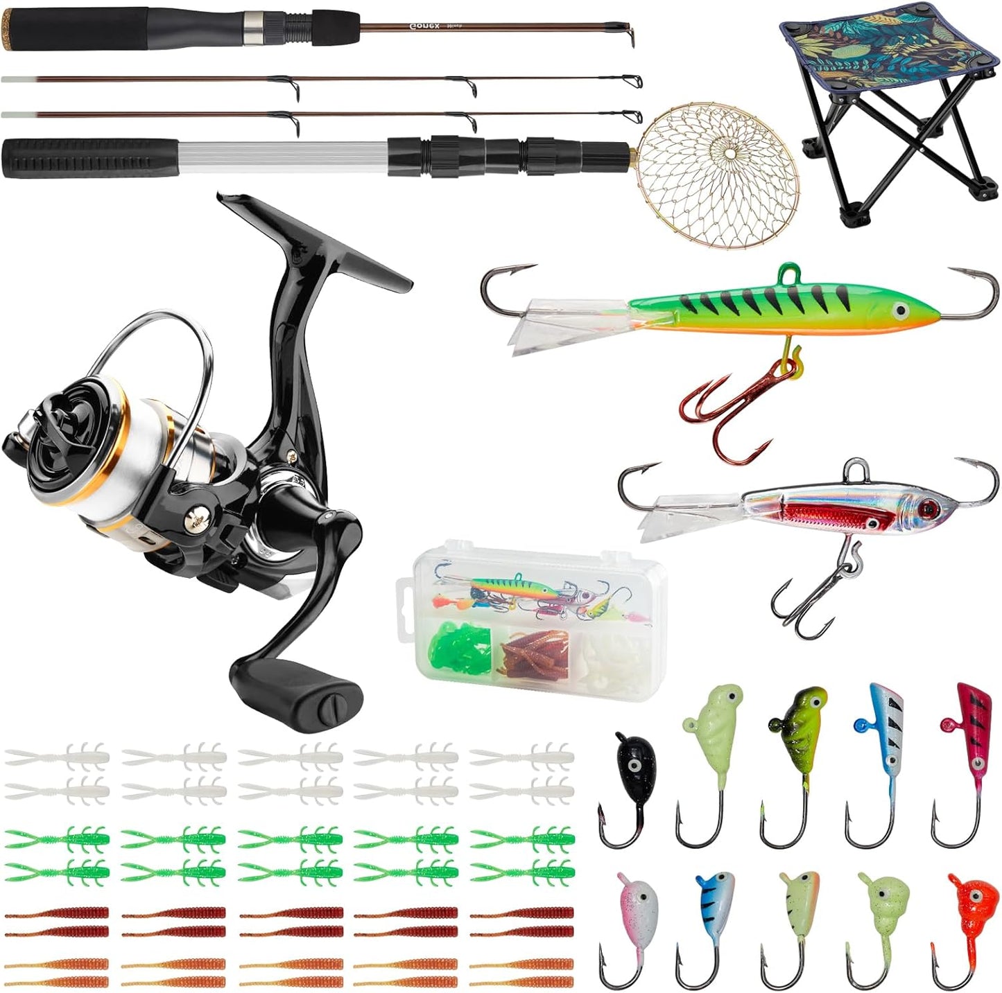 Gonex Ice Fishing Rod Reel Combo - Medium Light Carbon Fiber Kit with Spinning Reel & Folding Stool | Portable Winter Fishing Gear