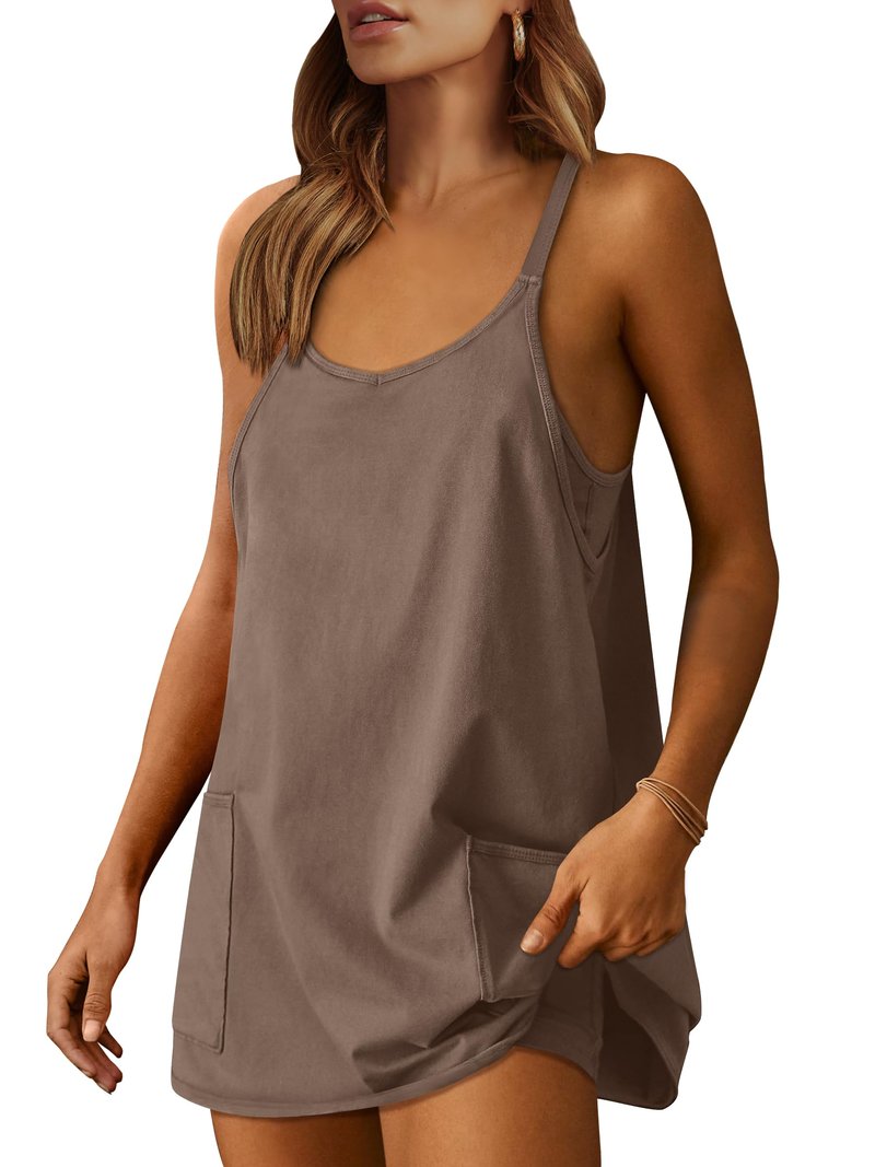 ANRABESS Women Athletic Dress Summer Tennis Workout Active Sports Mini Romper Dress Built in Shorts Travel Vacation Clothes Coffee XX-Large