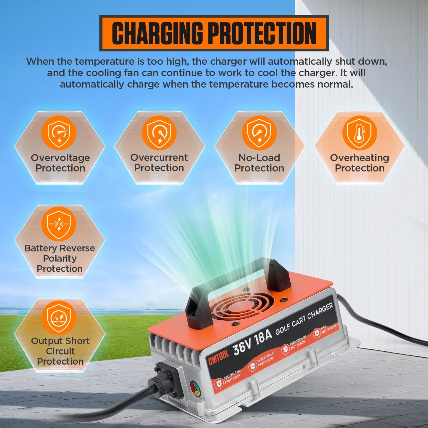 CMTOOL 36 Volt 18AMP Golf Cart Battery Charger for EZGO, IP67 Waterproof, Fully Automatic 36V EZGO Smart Fast Charging Trickle Charger for Lead-Acid Batteries, 16Ft Cable (18A)