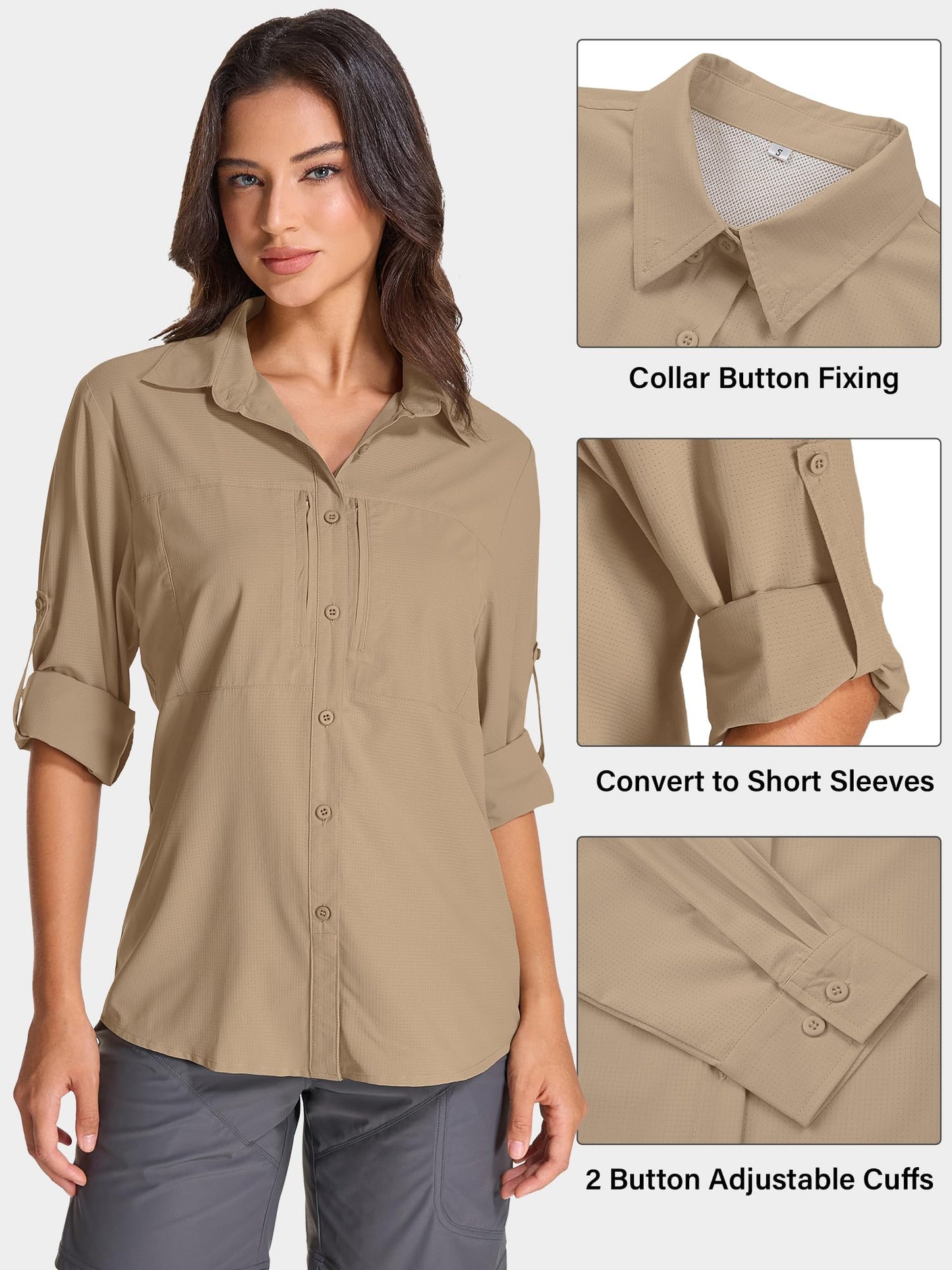 Women's UPF 50 Long Sleeve Sun Shirt - Safari & Hiking Quick-Dry UV Protection Button-Up Travel Shirt for Fishing,Gardening,Africa,5087,Gravel Brown,L