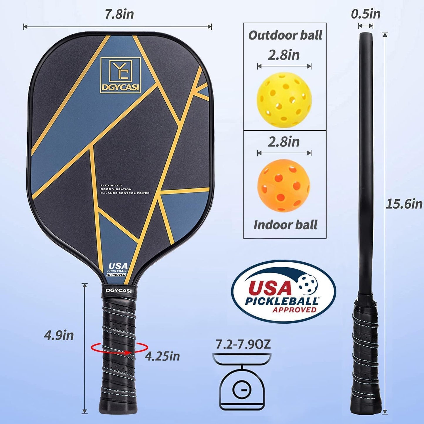 YC DGYCASI Pickleball Paddles Set of 2, USAPA Approved Carbon Fiber Surface Pickleball Set, Lightweight Pickle Ball Rackets 2 Pack, 2 Outdoor Pickleball, 2 Indoor Pickleball, 1 Pickleball Bag