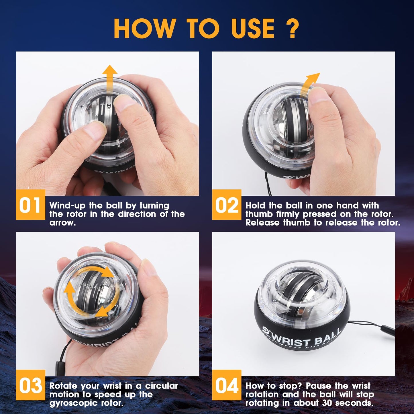 JIN BD Auto-Start Wrist Ball, Gyroscopic Desk Toy & Wrist Trainer（Black LED Light Model）