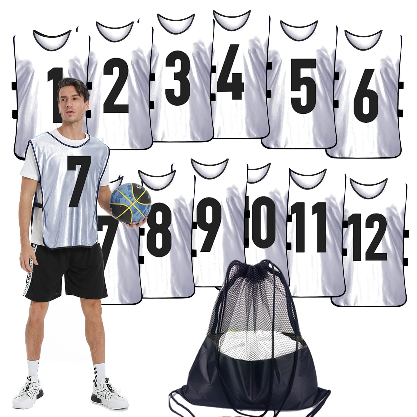 PULUOMASI 12 Pcs Team Sports Pinnies for Youth,Numbered Practice Jerseys