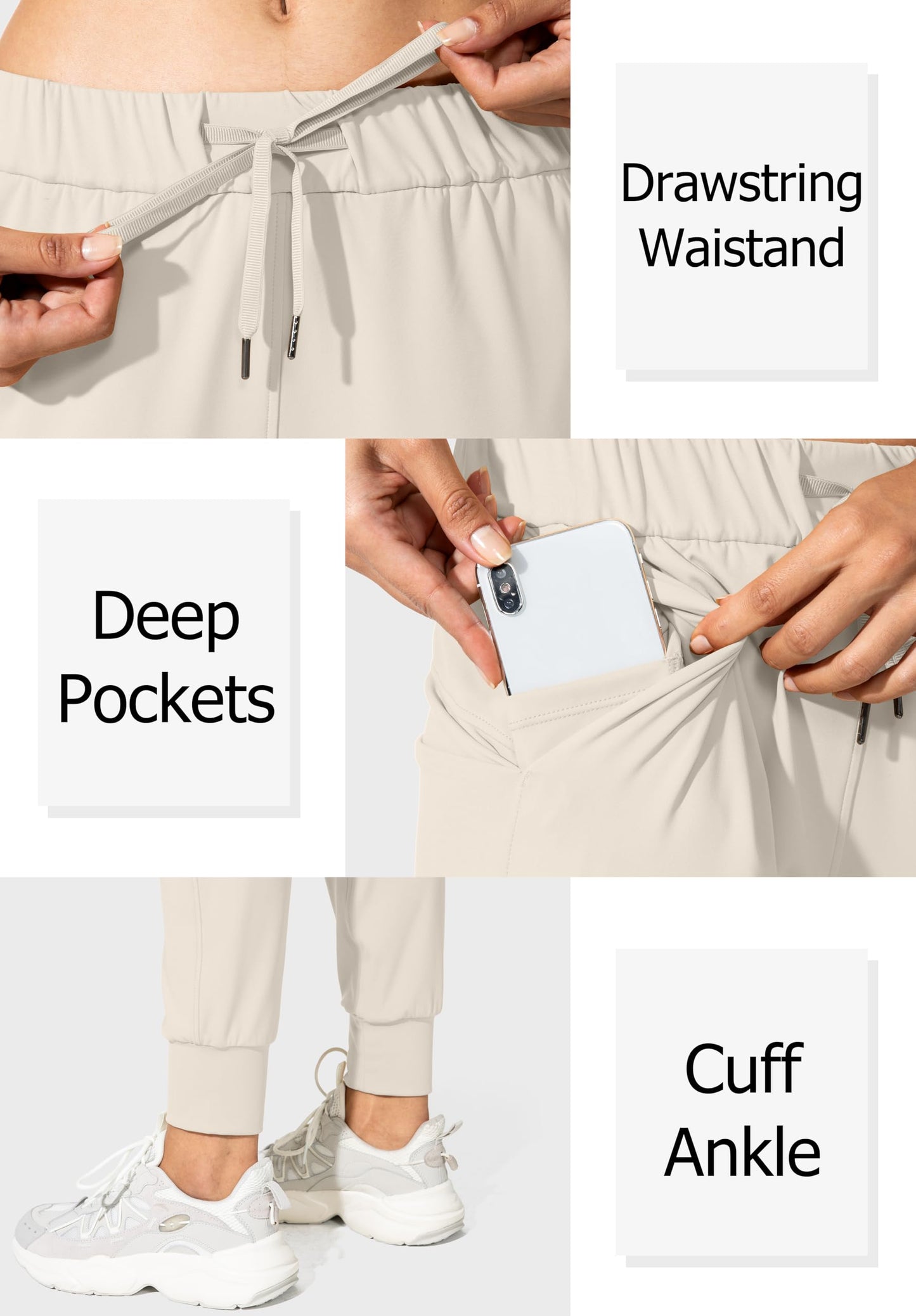 SANTINY Joggers for Women Lightweight Running Drawstring Sweatpants Workout Travel Yoga Athletic Womens Lounge Pants with Pockets(Beige_L)