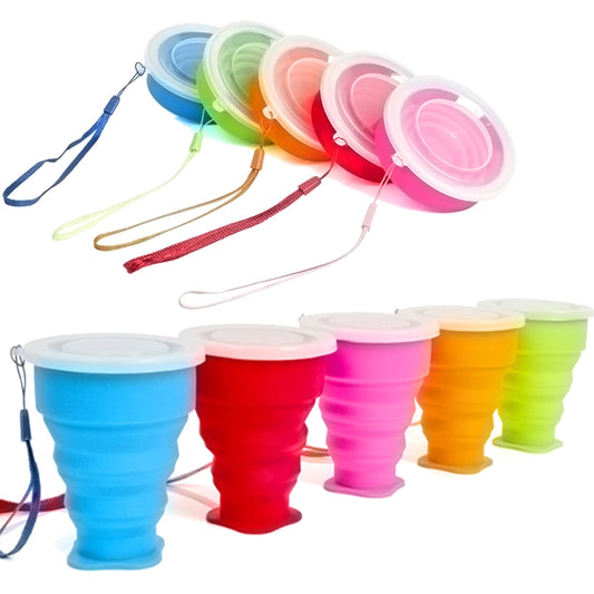 Stouge 5 Pack Silicone Collapsible Cups for Traveling Foldable Camping Cups Collapsible Water Cup Portable Drinking Cups with Lids Collapsible Mug for Outdoor Hiking