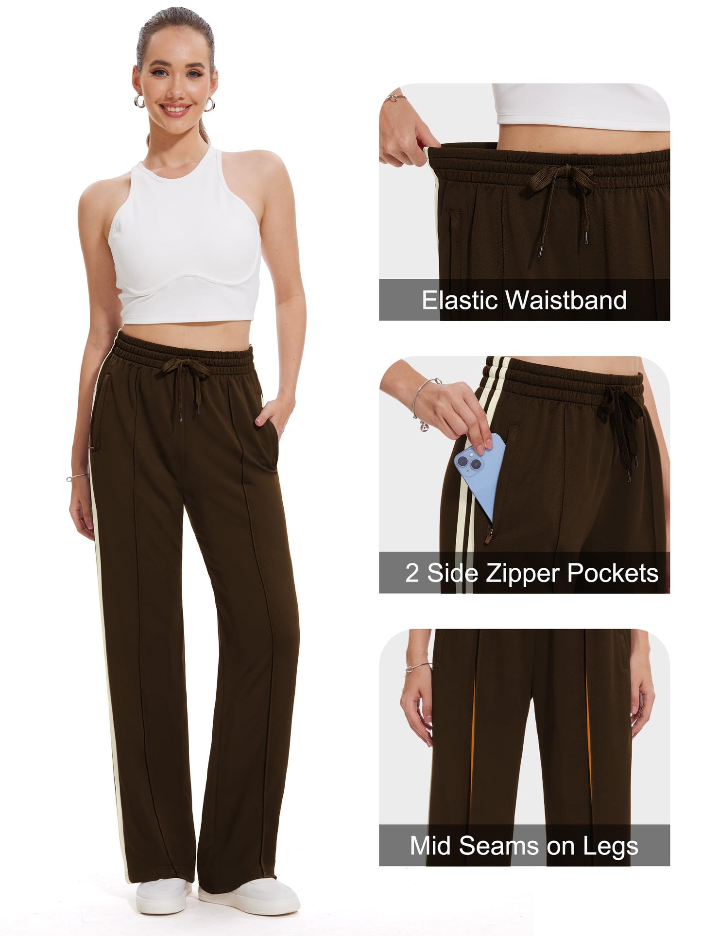 Tapata Tall Womens 34" Inseam Track Pants Relaxed Fit Striped Workout Sweatpants Baggy Trousers with Zipper Pockets, Brown, M