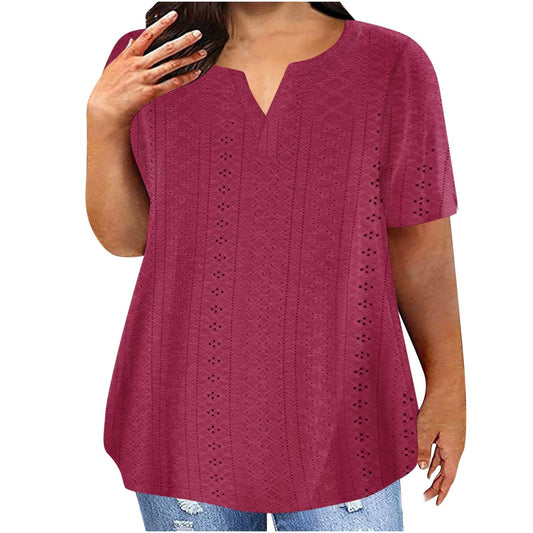 Attine Prime Deals of The Day Lightning Deals Women's 2024 Plus Size Tops Summer Solid V Neck Tunic Blouse Casual Loose Short Sleeve Tee Eyelet Embroidery T Shirts Prime Deals Today