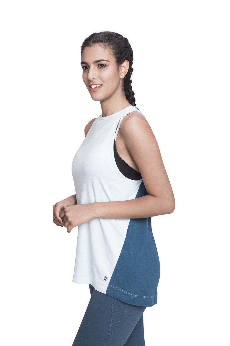 SATVA Premium Organic Cotton Racerback Tank Top for Yoga Workout Running Sports Training Cycling Discovery Tank, Powder Blue & Petrol Blue, X-Small