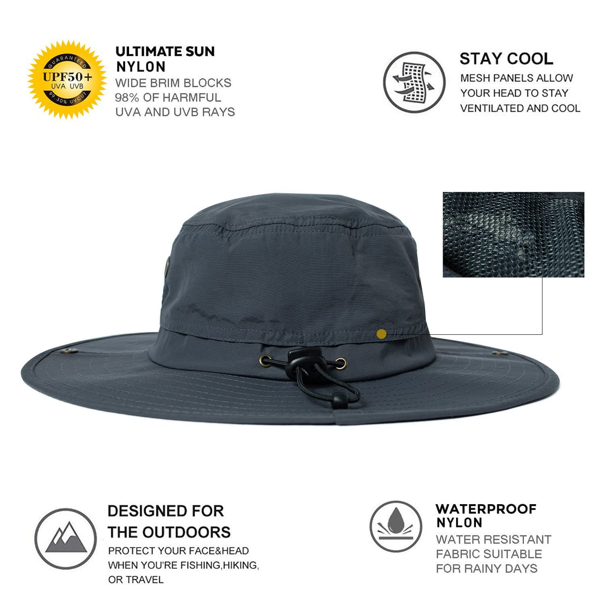 Comhats Summer Sun Hats for Men Wide Brim Waterproof Safari UV Protection UPF50+ Foldable Fishing Boonie Dark Grey Medium Large M L