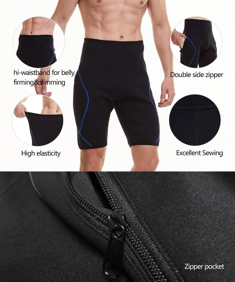 NonEcho Mens Neoprene Sauna Sweat Workout Compression Shorts Body Shaper Slimming Yoga Pants with Zipper Pocket Black