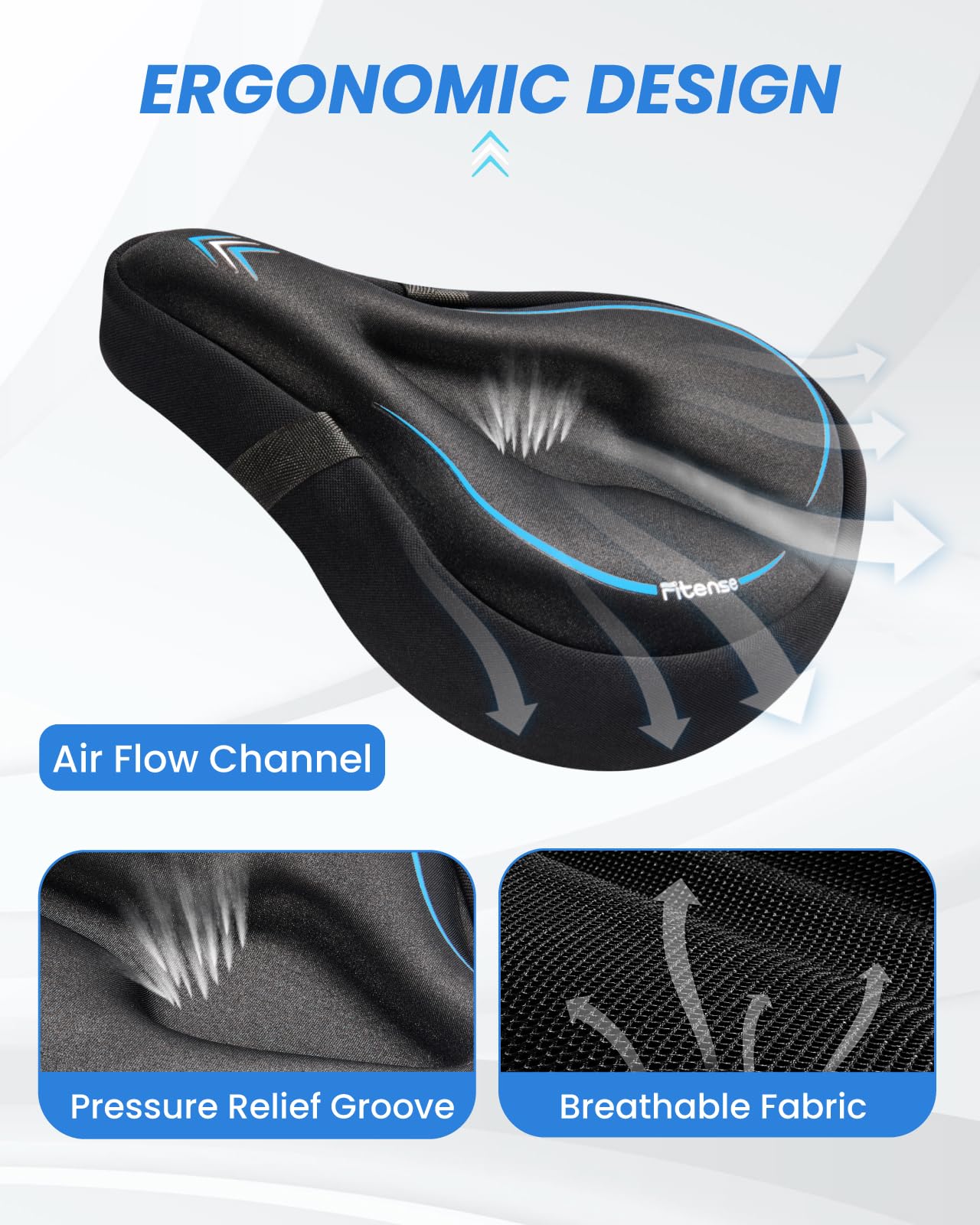 Fitense Bike Seat Cushion, Wide Comfort Bike Seat Cover for Men Women, Exercise Bicycle Seat Cushion Padded Cover Compatible with Peloton, Mountain Stationary Bikes, Indoor & Outdoor, Black