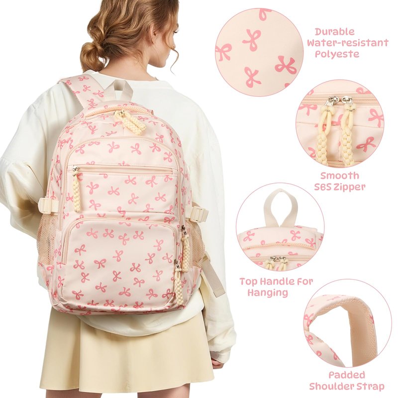 Cohawk Bow Backpack for Women Coquette Aesthetic Nylon Rucksack Cute Kawaii Backpack 3Pcs Set With Bow Pattern