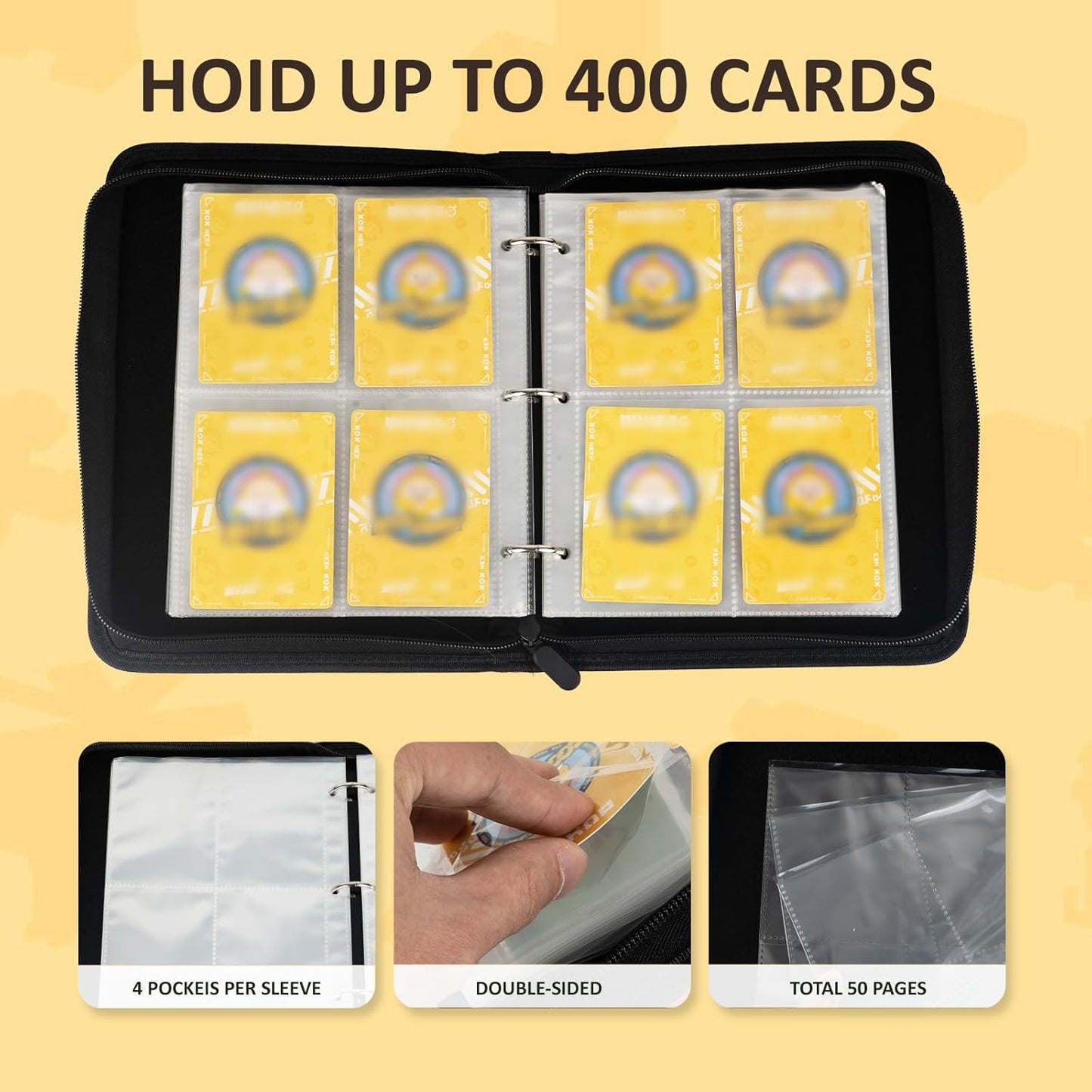 Card Binder - 4 Pocket Trading Card Holder with 50 Sleeves | Portable Red & White Collection Album for Games & Sports Cards