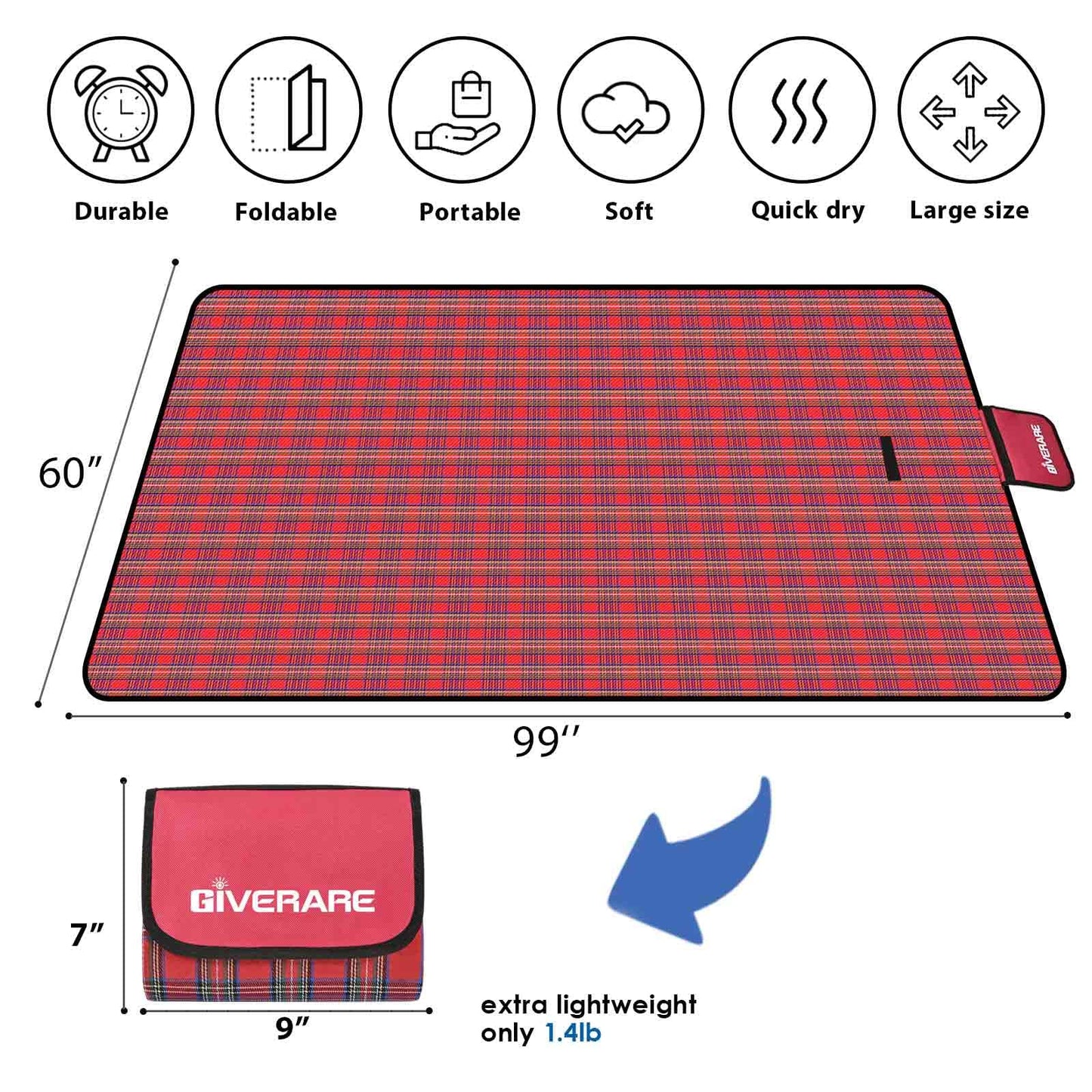 GIVERARE Picnic Beach Blanket, 99x60in XL Sandfree Waterproof Outdoor Camping Blankets, Quick Drying Family Mat, Portable Extra Large Mats for Travel, Hiking, Music Festival, Lawn