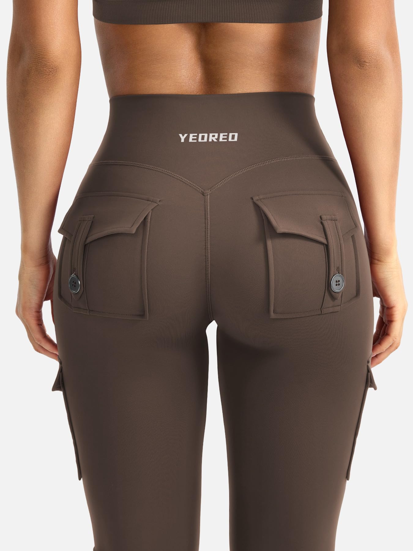 YEOREO CoreFlex Women Workout Flare Leggings with Pockets Hidden Scrunch High Waisted Cargo Gym Yoga Leggings Coffee S